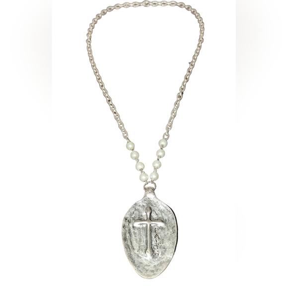 Empire Silver Spoon/Faux White Pearl "Faith" & Cross Opera Chain Clasp Necklace - Picture 1 of 9